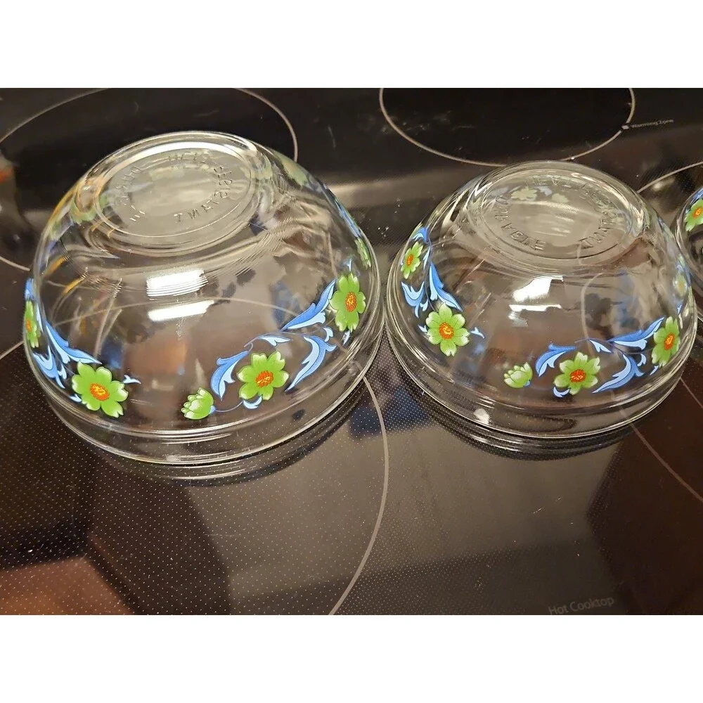 Set Of 4 Imperial Glass Green Sunflower Blue Leaves Nesting Bowls EUC